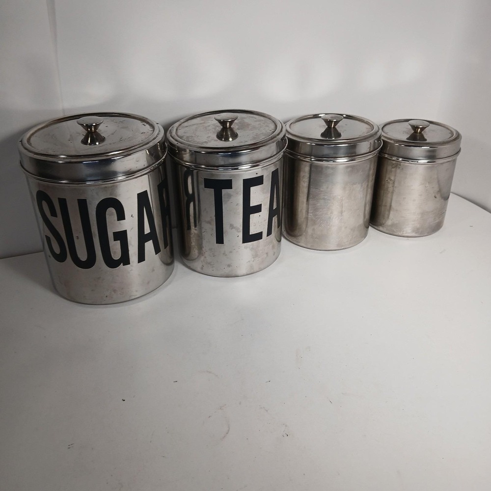 Vintage MCM Aluminum Metal Canister set of 4 Tea Coffee Sugar Flour Canisters